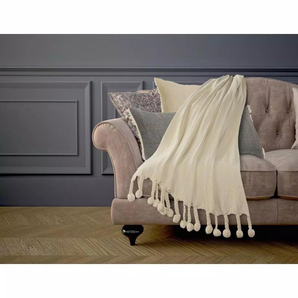 LR Home Cream Cotton Chevron & Herringbone Embroidered Braided Throw Blanket