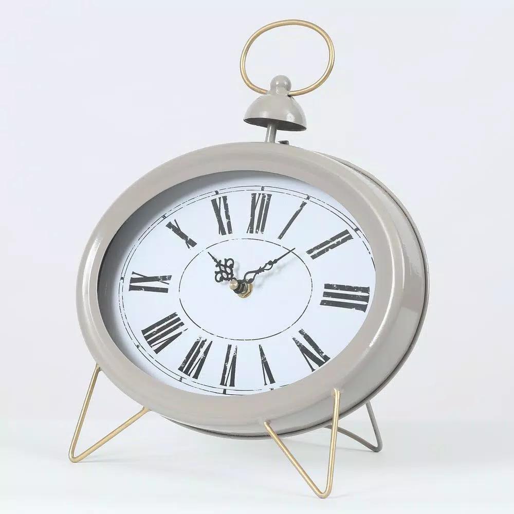Winsome House Gray Oval Decorative Table Clock - Shabby Chic Analog Desk Clock with Roman Numerals