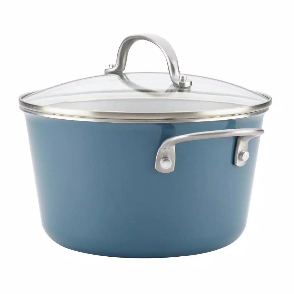 Ayesha Curry Home Collection 4.5 Qt. Twilight Teal Porcelain Enamel Nonstick Saucepot with Lid