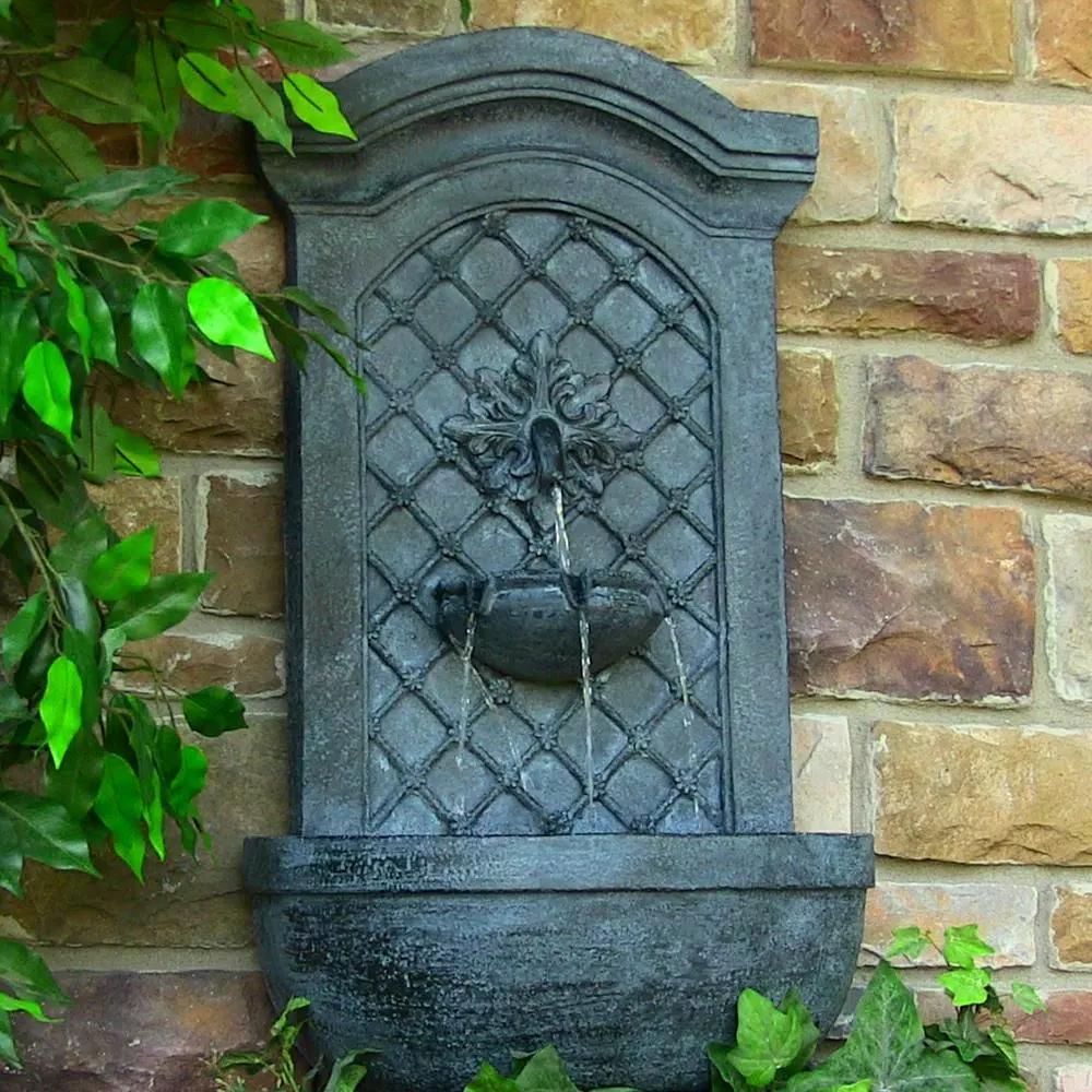 Sunnydaze Decor Rosette Resin Solar Outdoor Wall Fountain with Battery Backup and Lead Finish