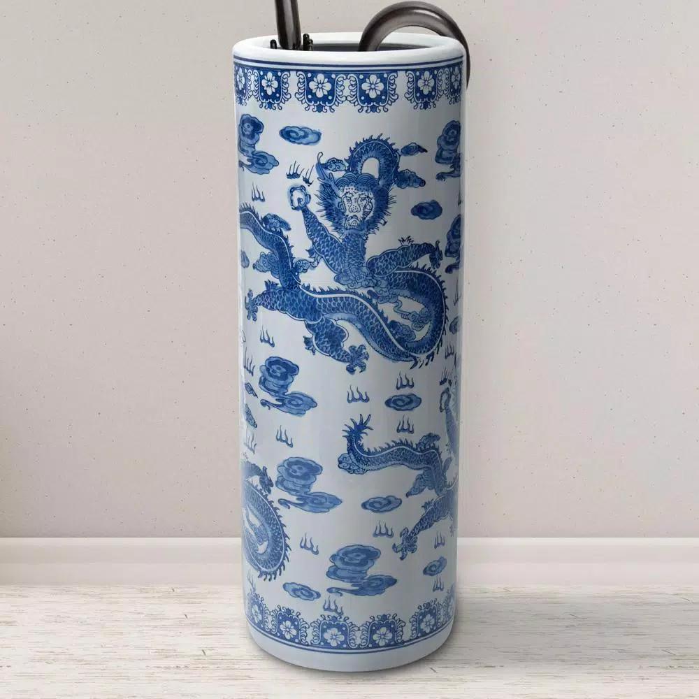 Unbranded 24 in. Blue and White Porcelain Dragon Umbrella Stand and Floor Vase
