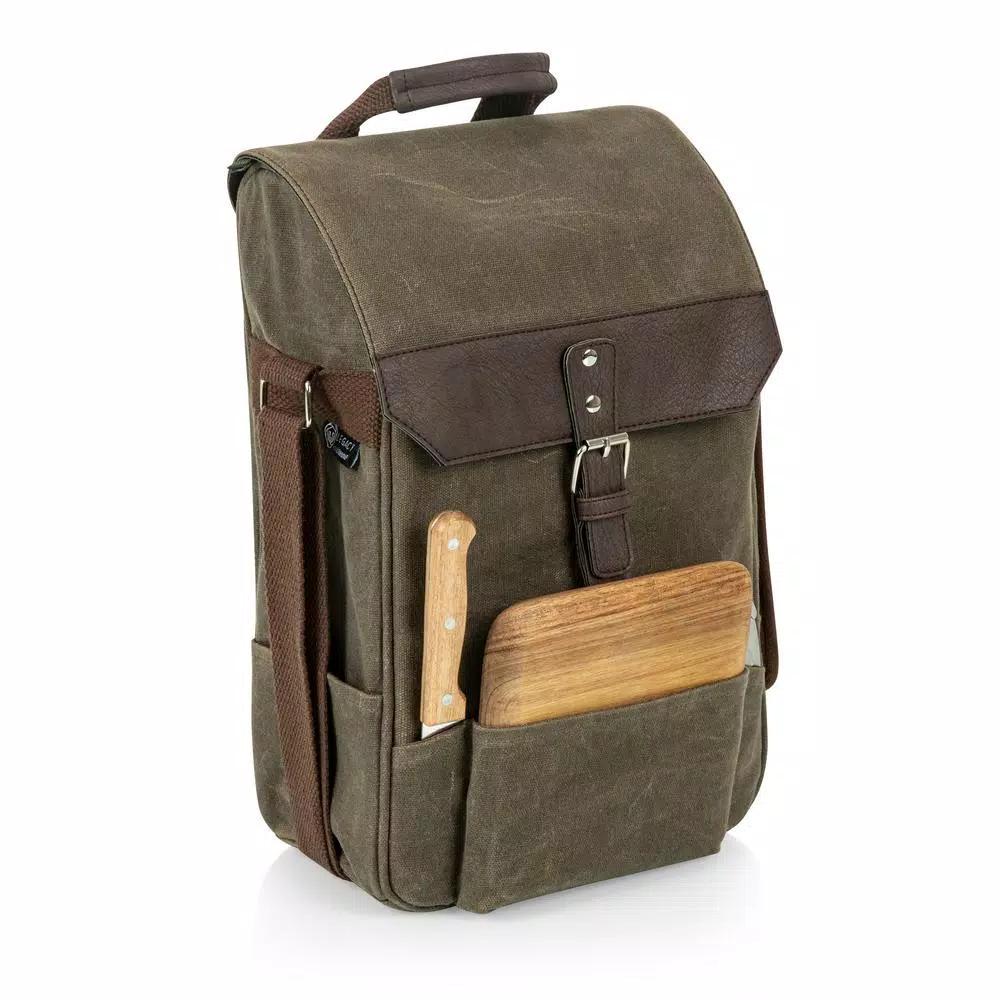 Picnic Time Khaki Green Waxed Canvas 2-Bottle Wine Cooler Bag and Acacia Wood Cheese Board Set