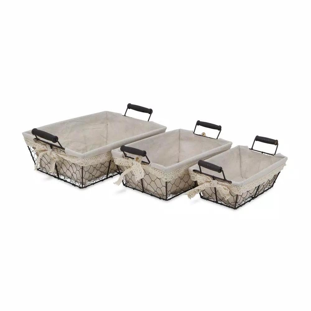 Cheungs Beige Metal Wire Decorative Tray Set of 3 with Fabric Liners - Farmhouse Style