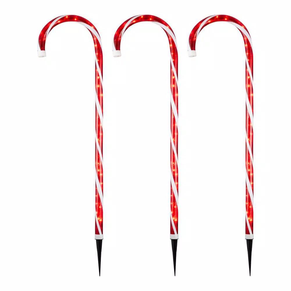 Home Accents Holiday 4 ft. Lighted Candy Cane Pathway Stakes, Set of 3, Red and White Incandescent Lights