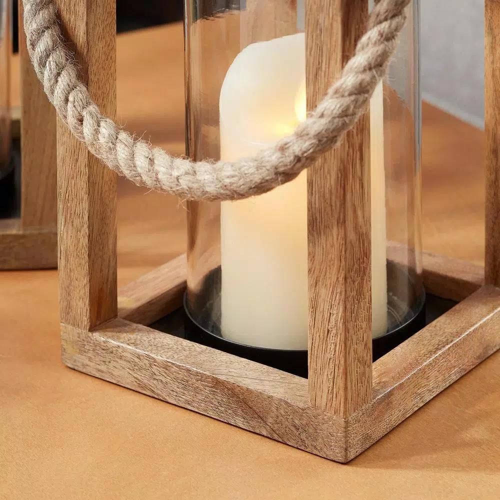 StyleWell Natural Mango Wood Candle Lanterns with Rope Handle, Set of 2