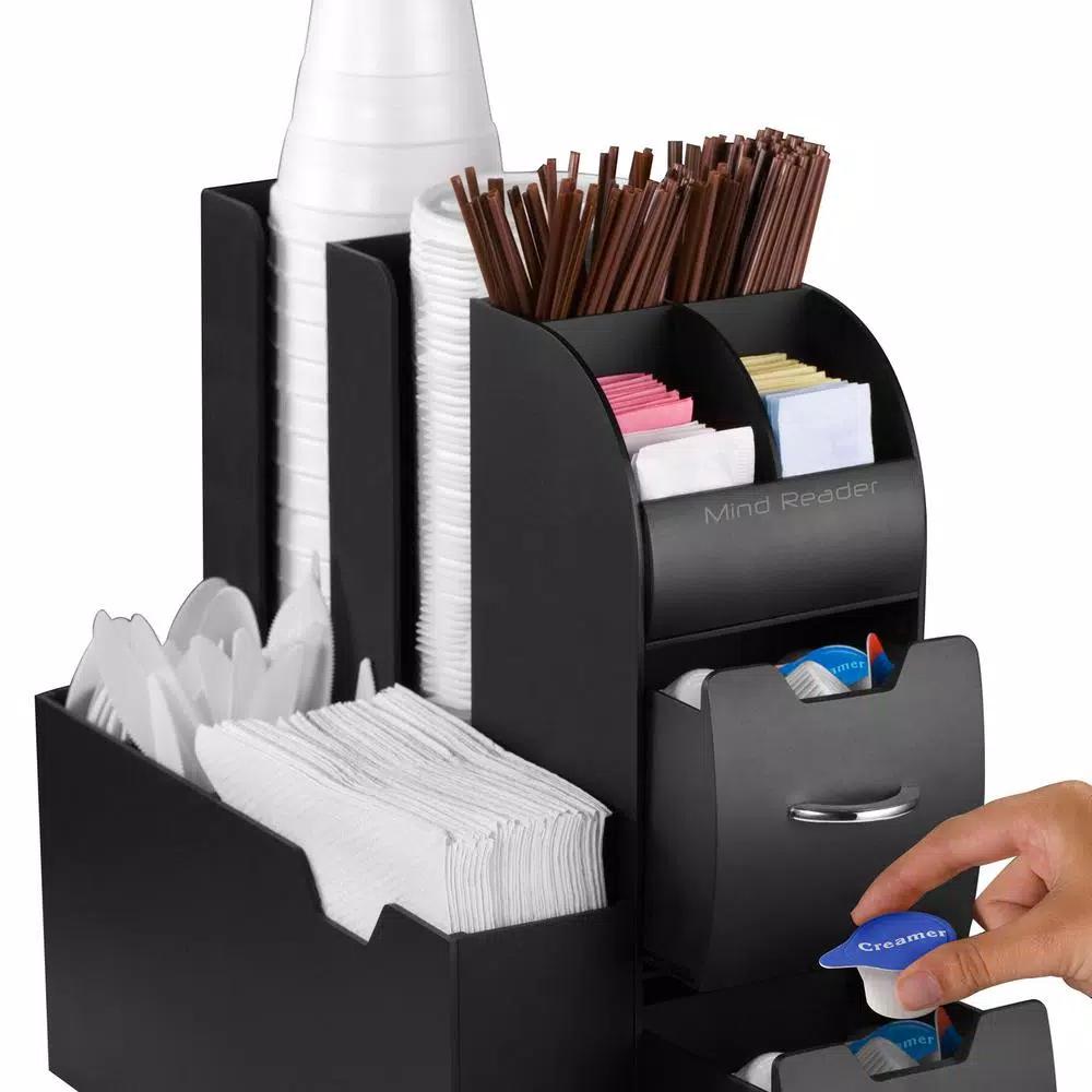 Mind Reader Coffee and Condiment Organizer with Drawer for 36 K-Cups and Sleeve Dispenser, Black
