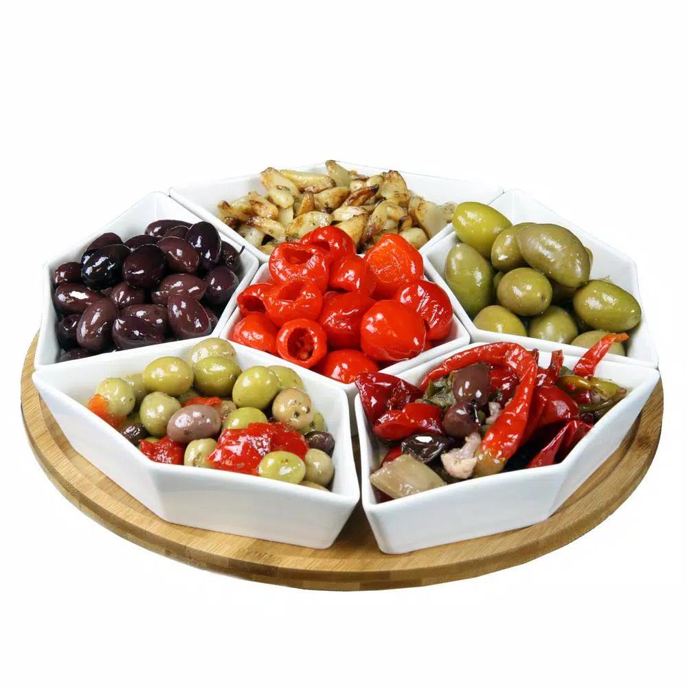Elama Signature Collection Lazy Susan Appetizer and Condiment Server Set, 7-Piece Stoneware