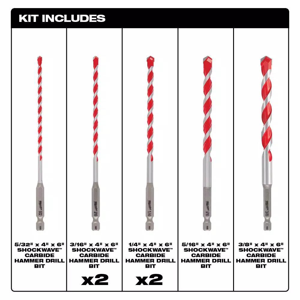 Milwaukee SHOCKWAVE Carbide Hammer Drill Bit Set, 7-Piece Hex Shank Kit