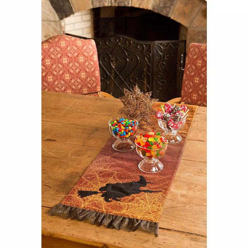 Xia Home Fashions Halloween Witching Hour Table Runner - Black Witch & Spider Web Design with Gold Gilded Accents