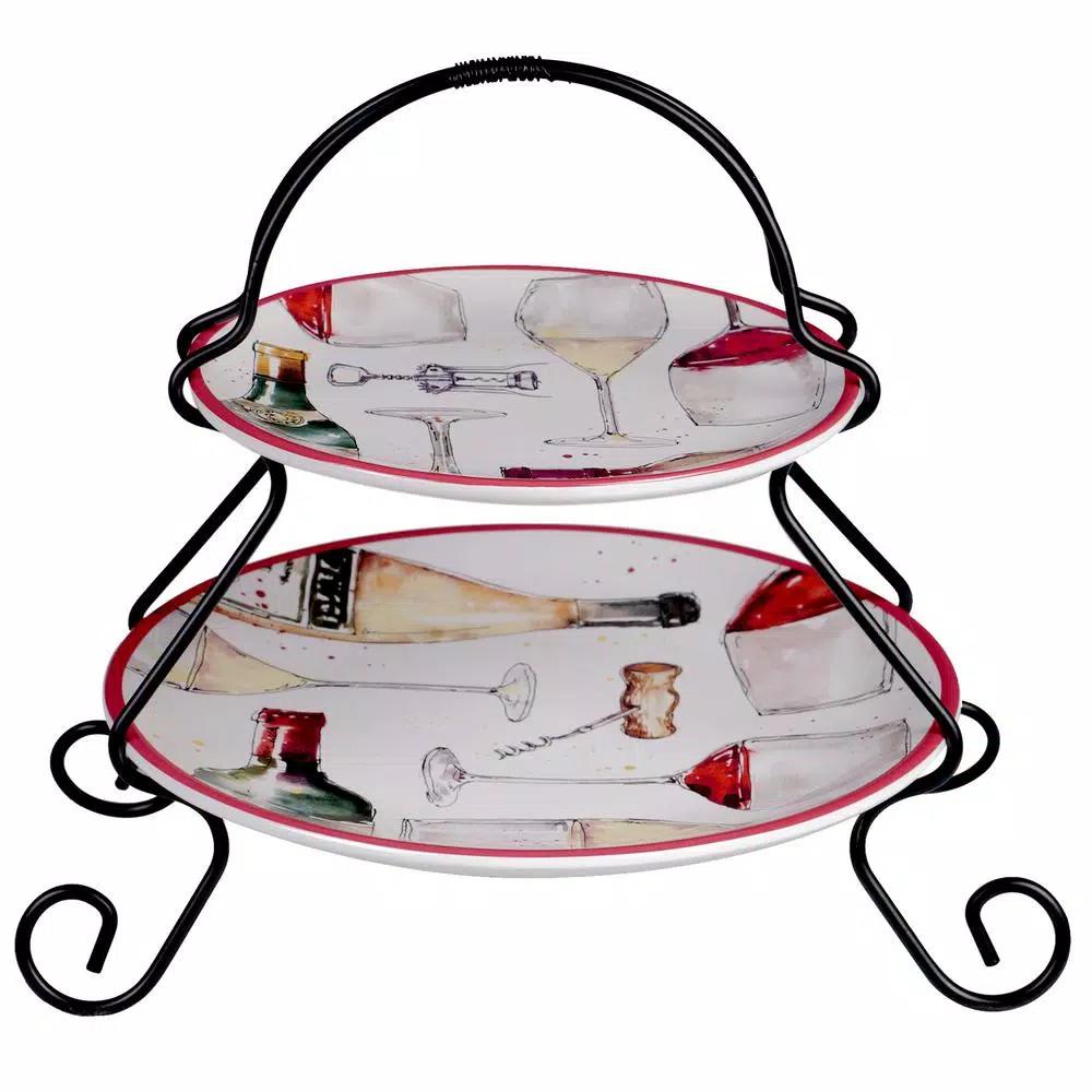 Certified International Napa 9 in. 2-Tier Multicolored Ceramic Wine Themed Serving Tray