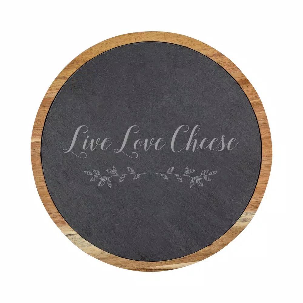 Cathy's Concepts Live Love Cheese 5-Piece Acacia Wood and Natural Slate Cheese Board Set with Utensils