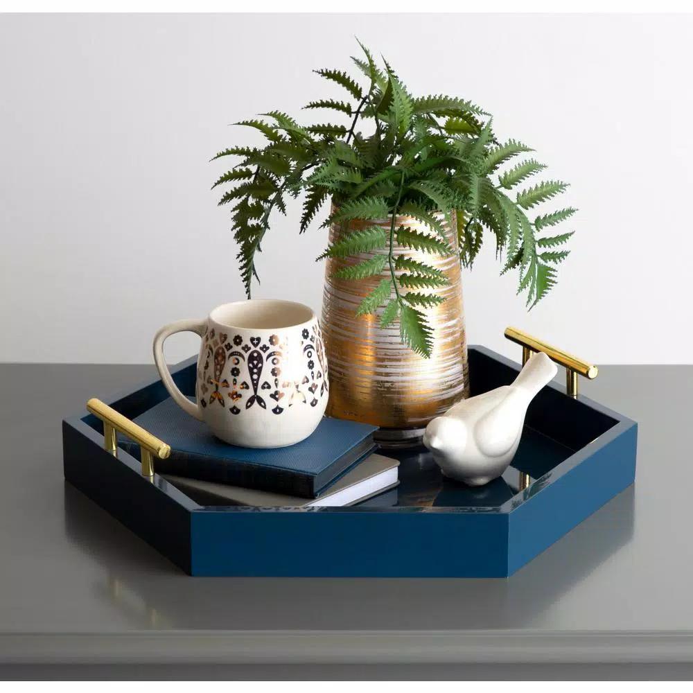 Kate and Laurel Lipton 18 in. Navy Blue Hexagon Decorative Tray with Polished Metal Handles