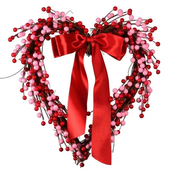 National Tree Company 14 in. Berries and Ribbon Valentine Heart Wreath - Red and Pink
