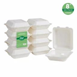 Unbranded 8 in. White Sugarcane 3-Compartment Sectional Clamshell Containers, 300 Pack thumbnail 2