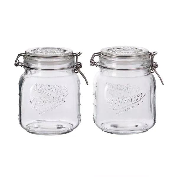 Unbranded 34 oz. Mason Embossed Glass Preservative Jars with Wire Clasp Lid (Set of 2)