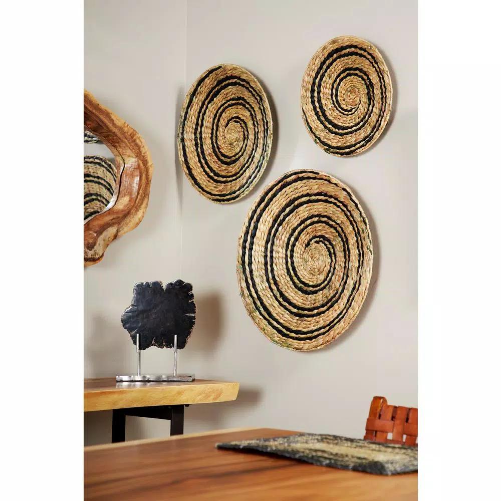 LITTON LANE Natural and Black Spiral Design Wicker Trays, Set of 3
