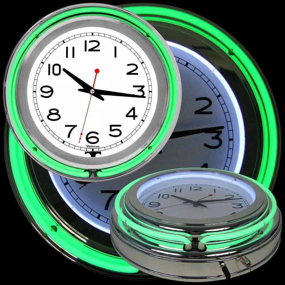Trademark Green Double Ring Neon Wall Clock - 14 in. Retro Chrome Design