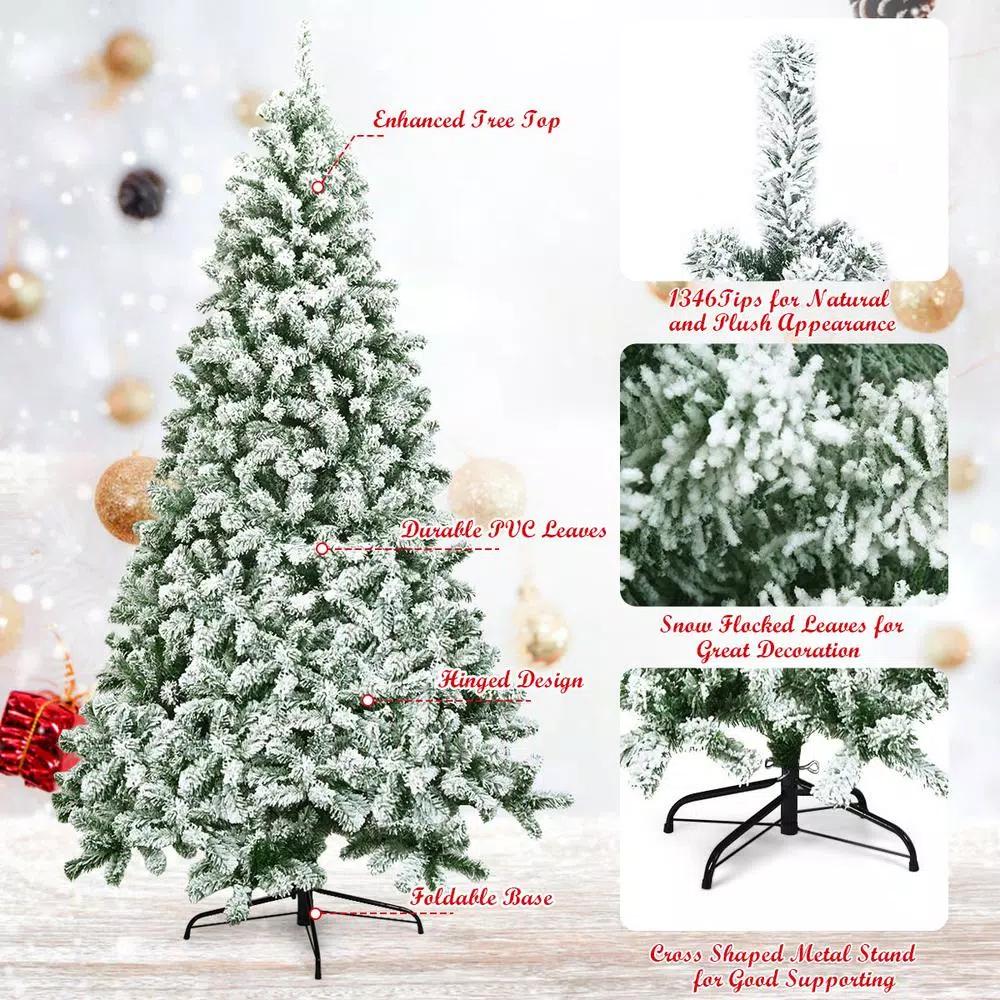 Costway 7.5 ft. Snow Flocked Hinged Pine Artificial Christmas Tree, 1346 Tips, Unlit