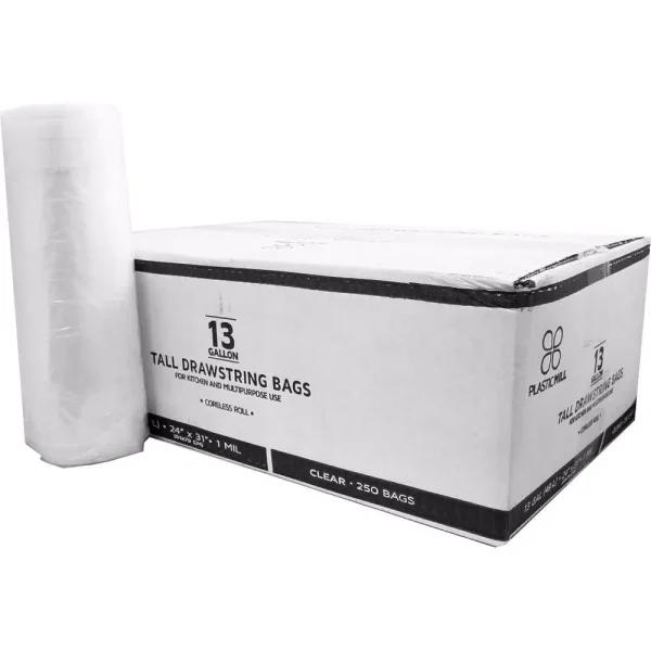 PlasticMill 13 Gallon Clear Drawstring Trash Bags, 1 Mil Thick, 24 x 31 in, 250 Count