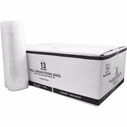 PlasticMill 13 Gallon Clear Drawstring Trash Bags, 1 Mil Thick, 24 x 31 in, 250 Count thumbnail 1