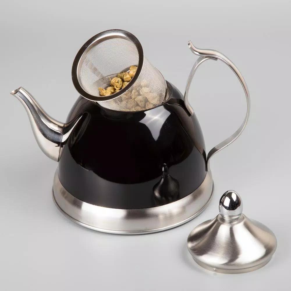 Creative Home Nobili-Tea 1.0 Qt. Stainless Steel Tea Kettle with Removable Infuser Basket, Filter Black