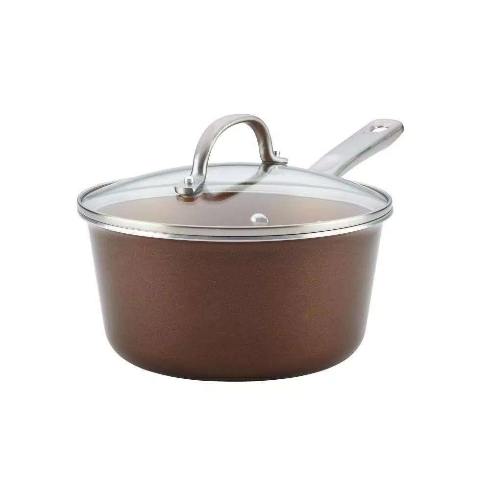 Ayesha Curry Ayesha Home Collection 3-Quart Aluminum Nonstick Saucepan with Glass Lid, Brown Sugar