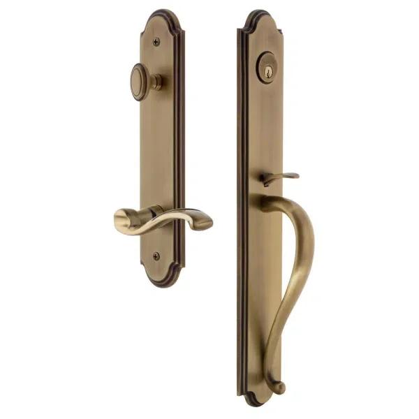Grandeur Arc Vintage Brass 1-Piece Door Handleset with S Grip and Portofino Lever