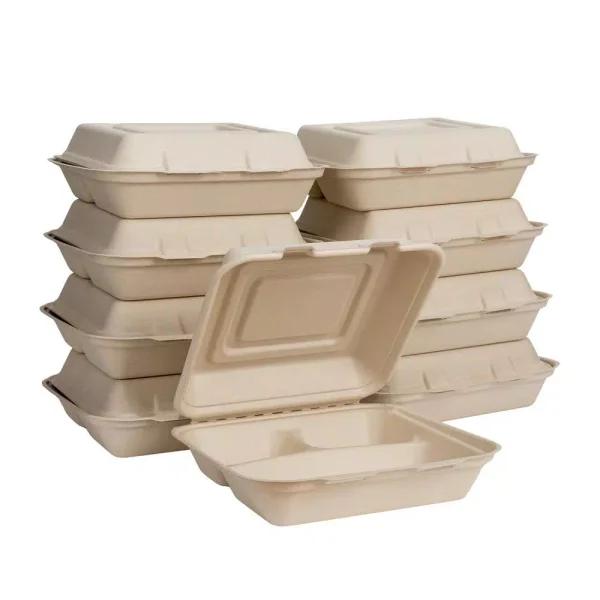 Unbranded 10 in. Natural Sugarcane 3-Compartment Clamshell Containers, 300 Pack