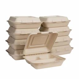 Unbranded 10 in. Natural Sugarcane 3-Compartment Clamshell Containers, 300 Pack thumbnail 1