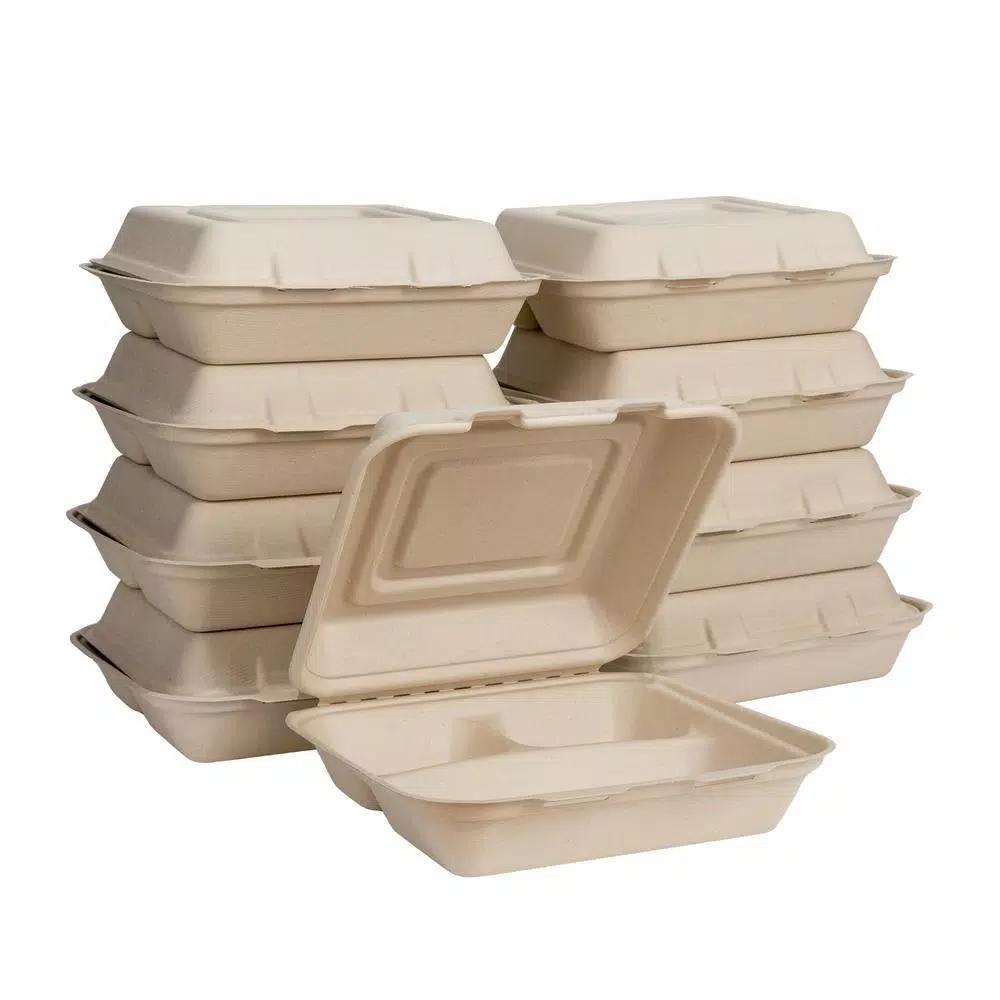 Unbranded 10 in. Natural Sugarcane 3-Compartment Clamshell Containers, 300 Pack