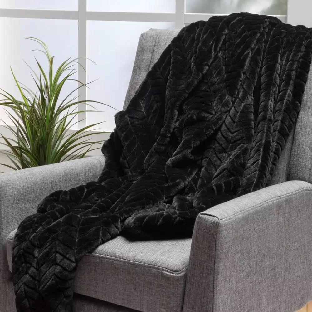 Noble House Toscana Black Faux Fur Throw Blanket, Modern Solid Pattern, 50 x 60 in.