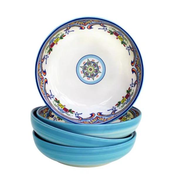 Euro Ceramica Zanzibar 4-Piece Earthenware Pasta Bowl Set, Multi-Color Bohemian Style