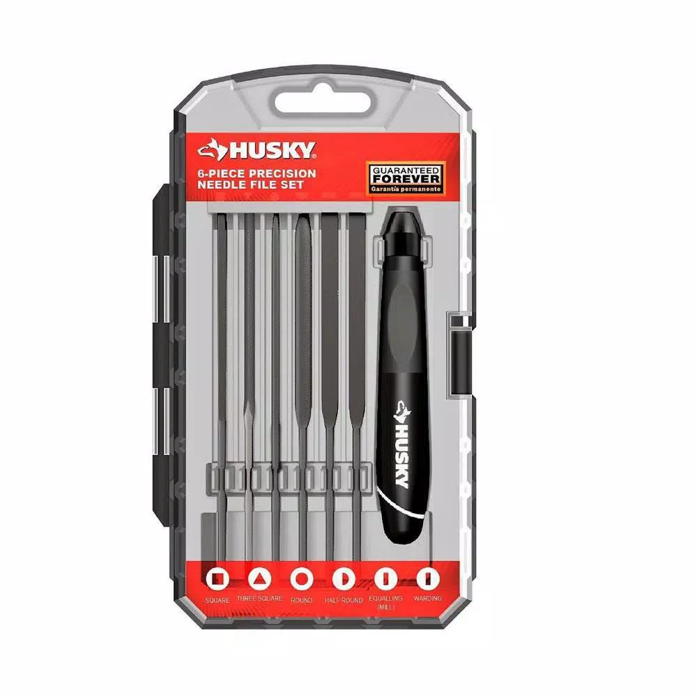 Husky 6-Piece Steel Precision File Set with Ergonomic Handle and Storage Case