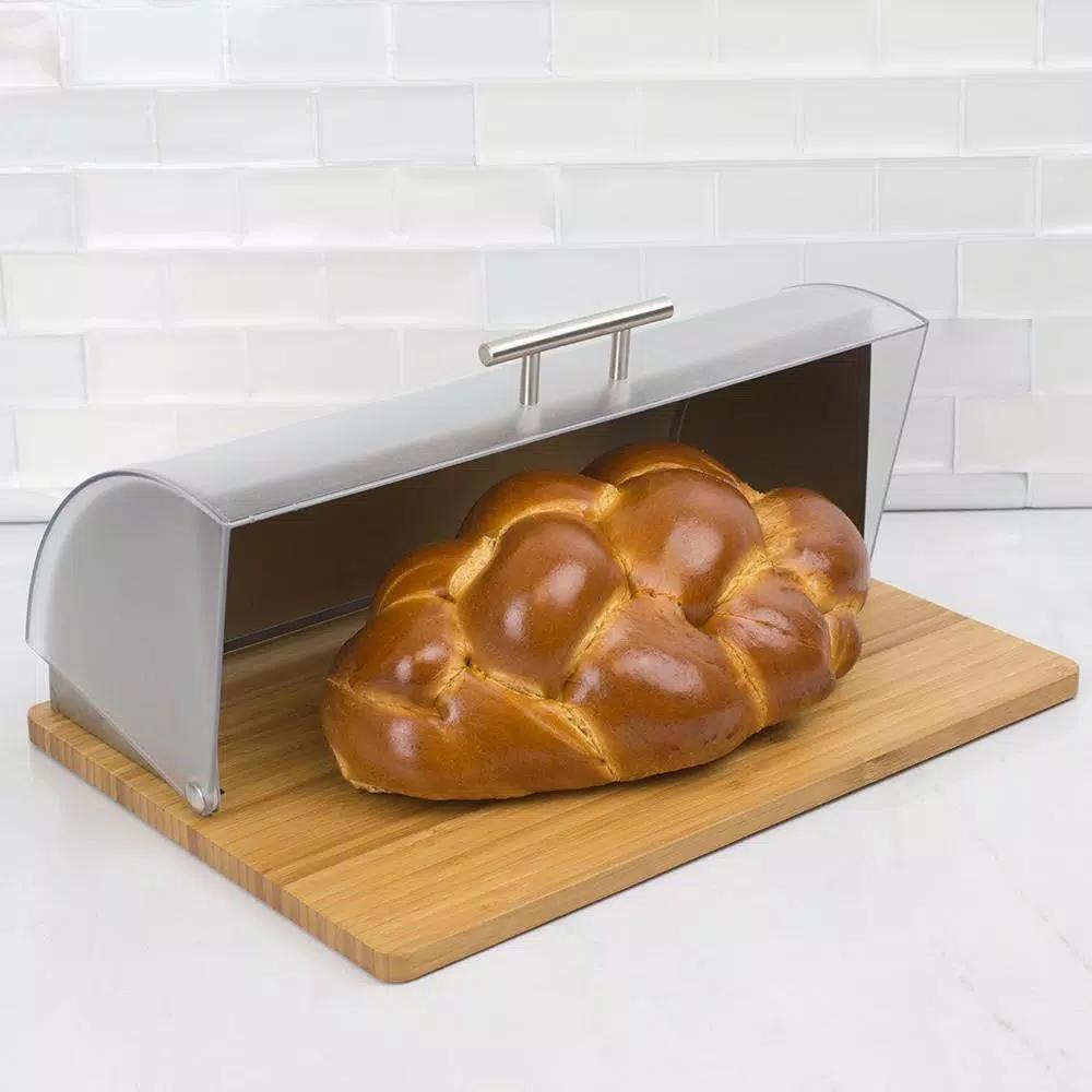 Unbranded Stainless Steel Bread Box with Wood Base and Acrylic Lid, Natural Grey