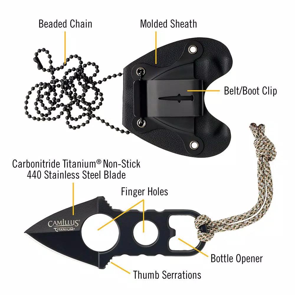 Camillus Heater Boot Neck Knife, 440 Stainless Steel Double Edge Dagger with Bottle Opener