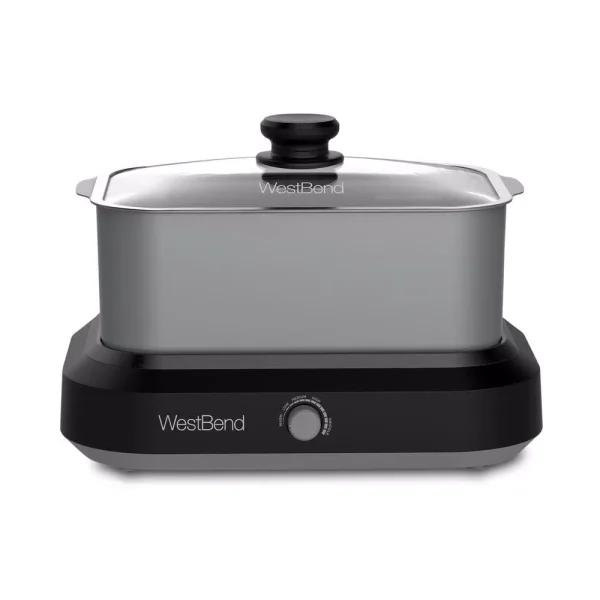West Bend 5 Qt. Silver Non-Stick Versatility Slow Cooker with Griddle Base, Travel Lid and Thermal Tote