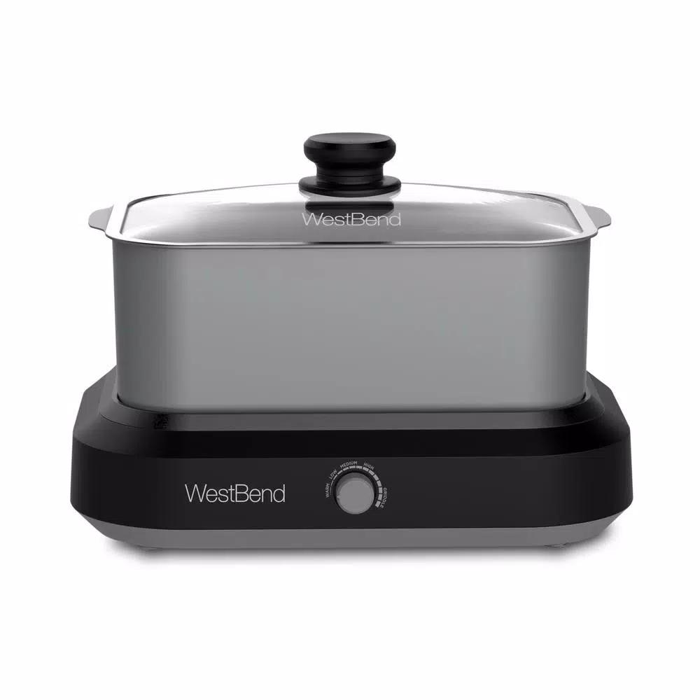 West Bend 5 Qt. Silver Non-Stick Versatility Slow Cooker with Griddle Base, Travel Lid and Thermal Tote