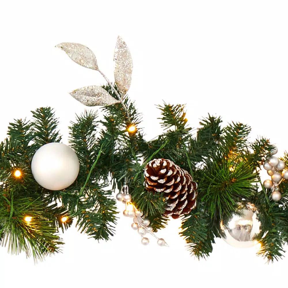 Nearly Natural 9 ft. Pre-lit Artificial Christmas Garland with Ornaments and Pinecones, 50 Clear LED Lights, Battery Operated
