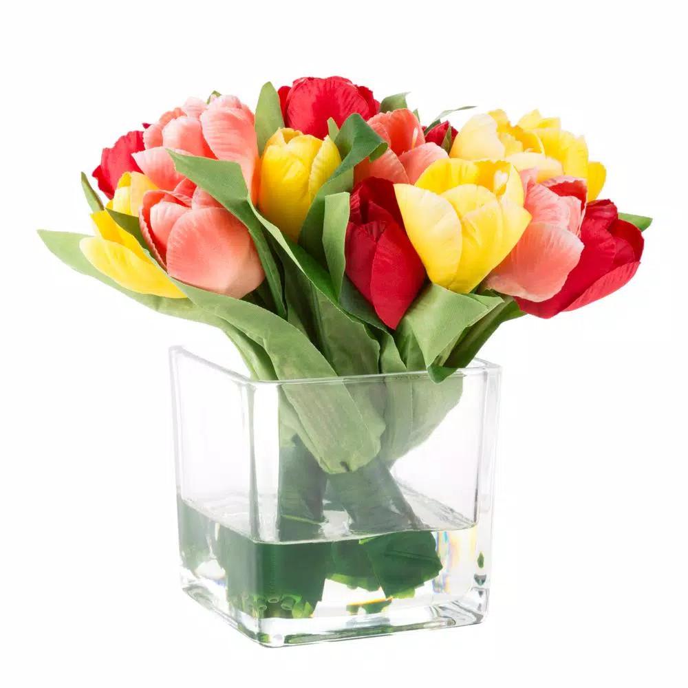 Pure Garden 8 in. Multicolor Tulip Artificial Floral Arrangement in Glass Vase