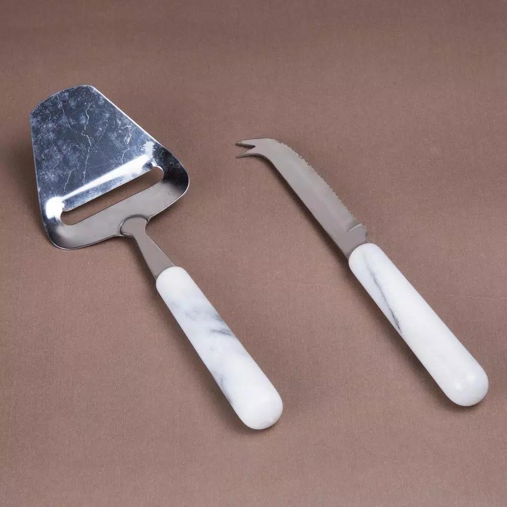 Creative Home Stainless Steel Cheese Slicer and Knife Set with Natural White Marble Handles (2-Piece)