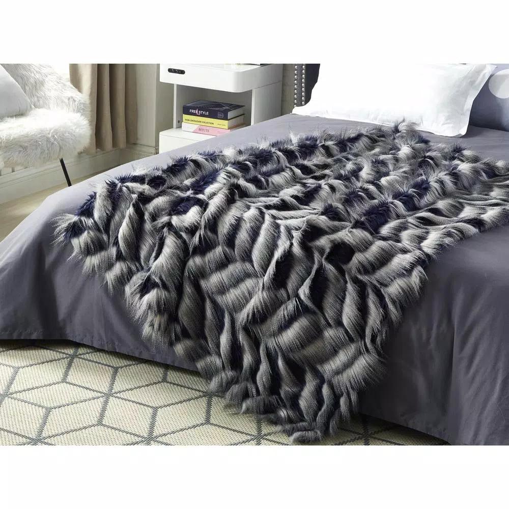Unbranded Caron Navy Reversible Faux Fur and Micromink Throw Blanket, 50 in. x 60 in.