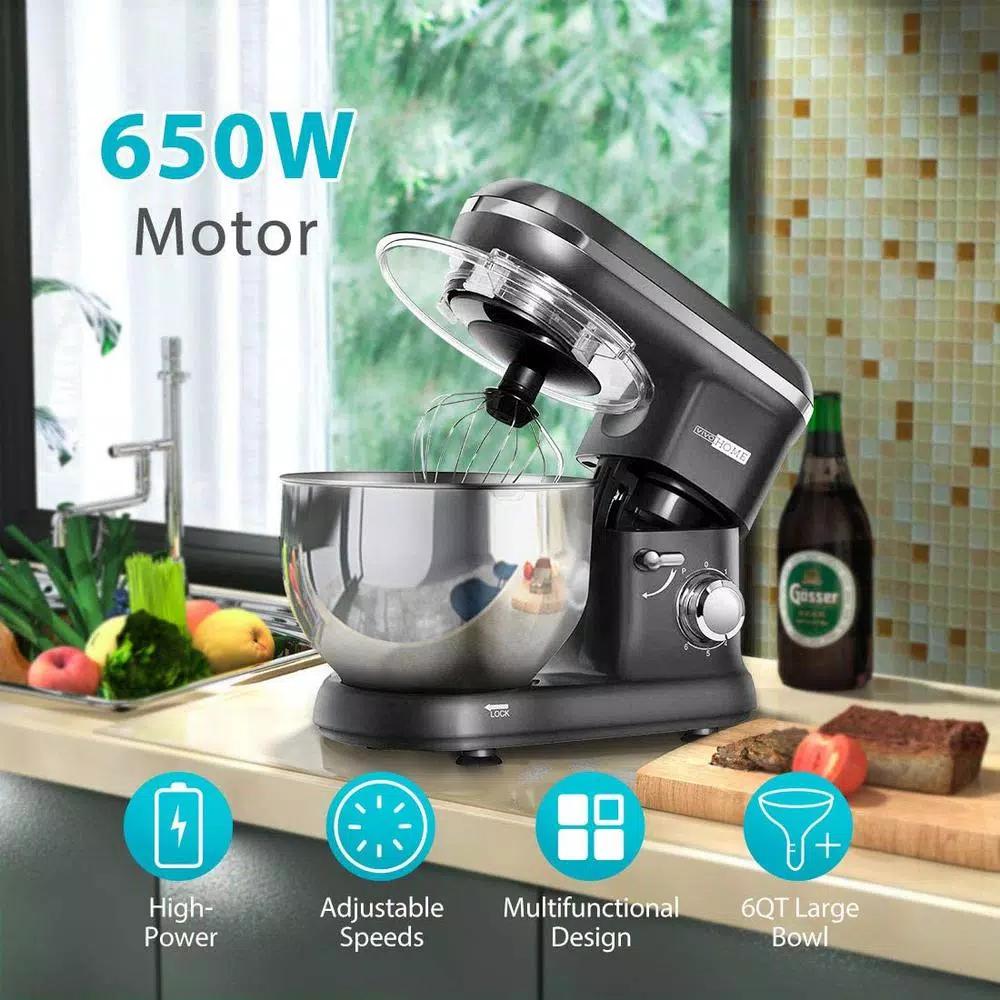 VIVOHOME 650W 6-Qt. Tilt-Head Kitchen Stand Mixer with Stainless Steel Bowl and 6 Speeds, Gray