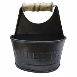 Benzara Dark Gray Iron Toilet Caddy with Wooden Handles and Embossed Tiolette Text thumbnail 4
