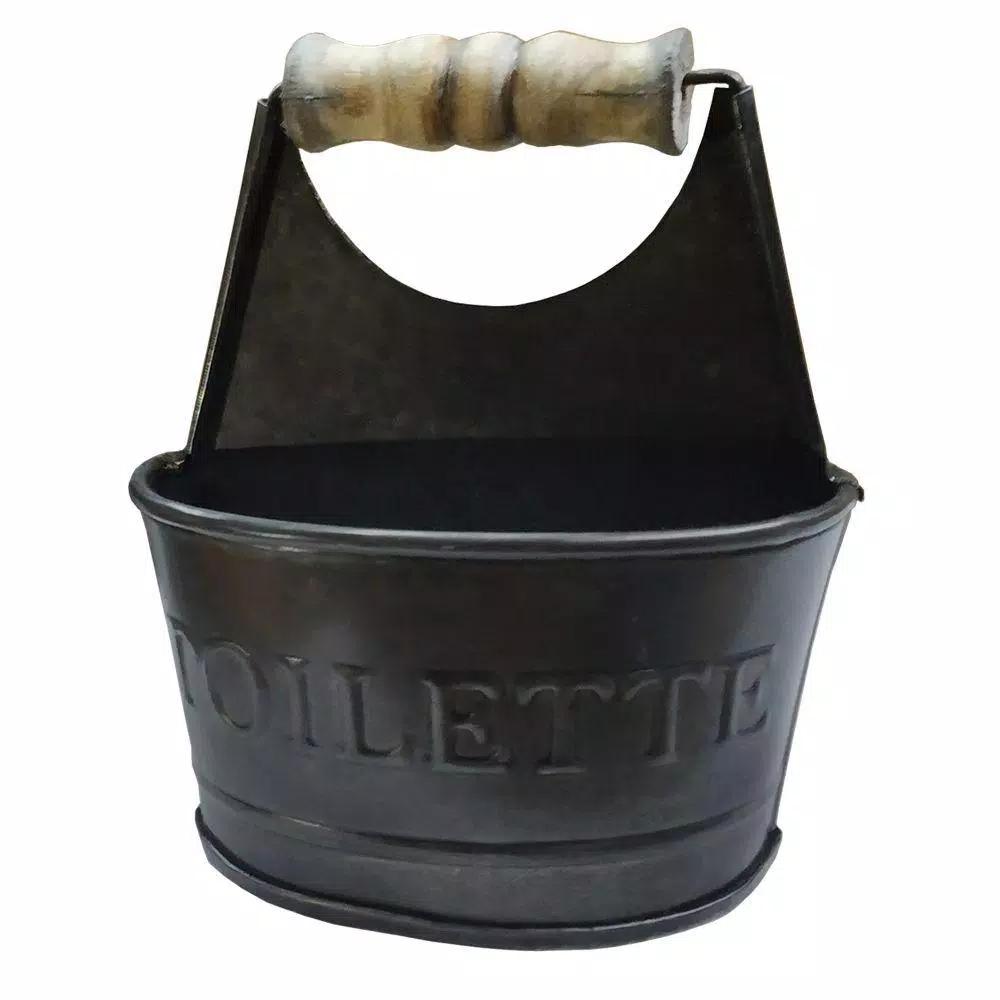 Benzara Dark Gray Iron Toilet Caddy with Wooden Handles and Embossed Tiolette Text