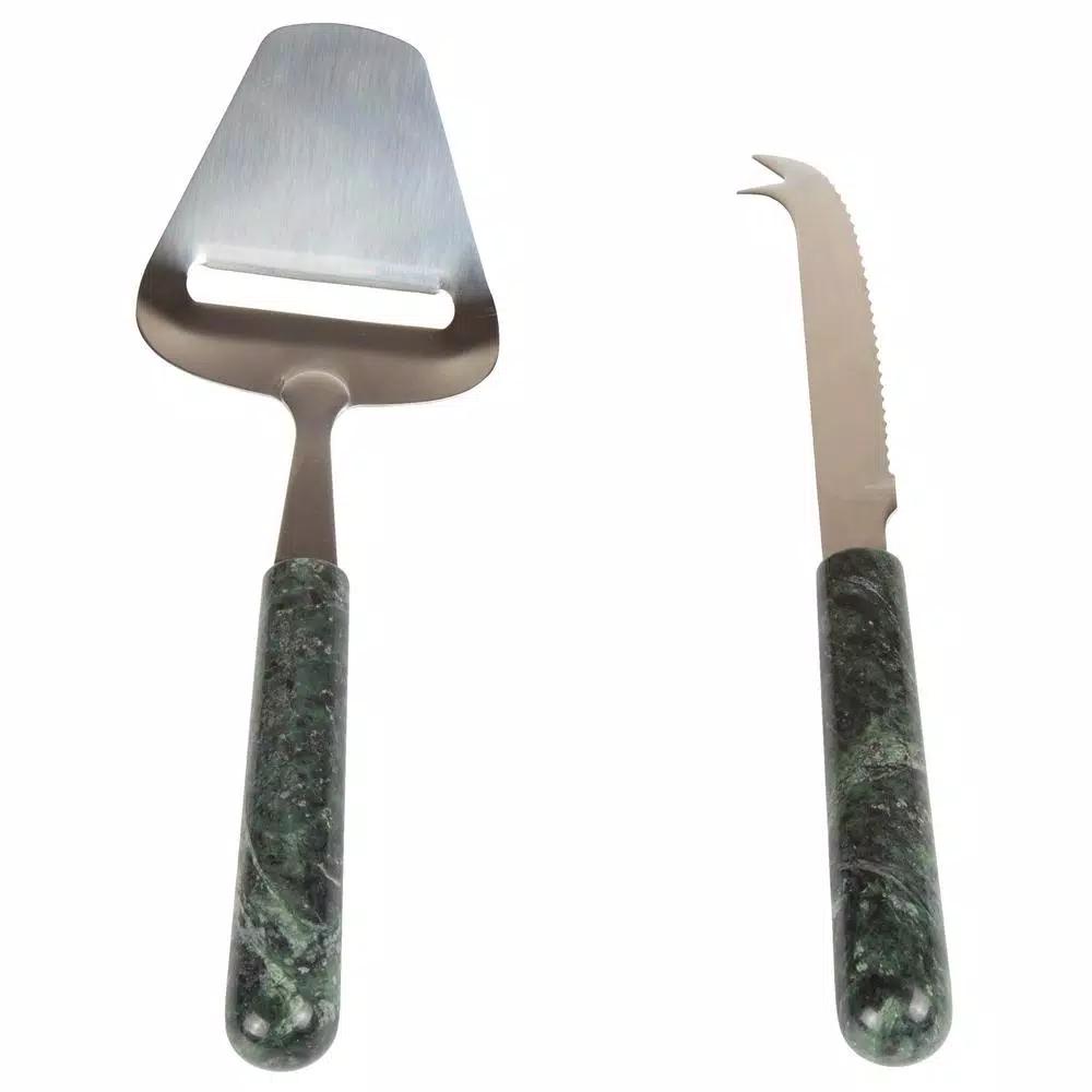 Creative Home Stainless Steel Cheese Cutter and Knife Set with Natural Green Marble Handles (2-Piece)