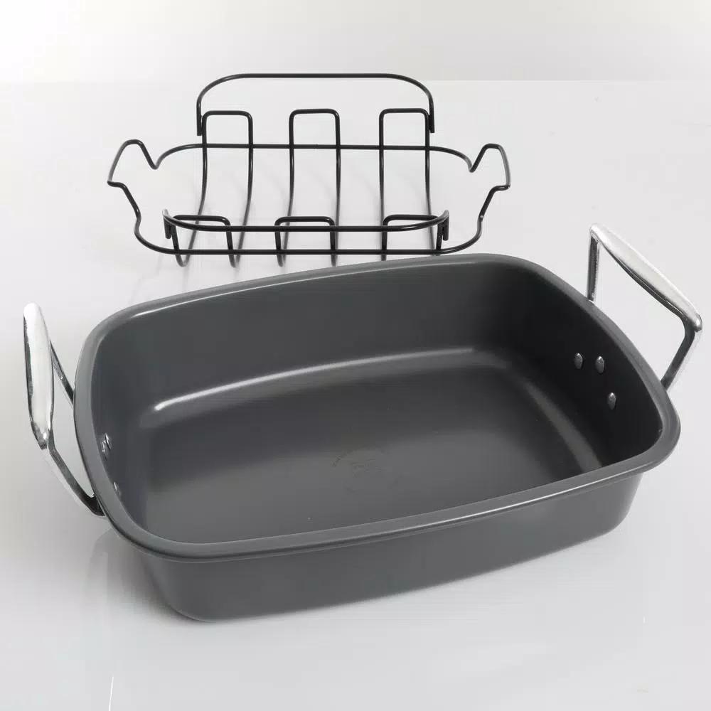 Kenmore Travers 2-Piece Non-Stick Steel Roasting Pan Set with Rack, 16.35 Qt, Gray