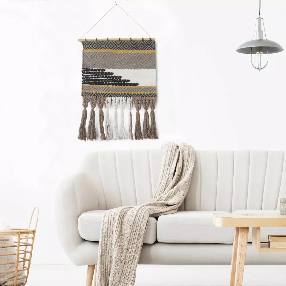 LR Home Trellis Neutral Black and Gray Geometric Fringe Wall Tapestry - Hand-Loomed Cotton Wall Hanging
