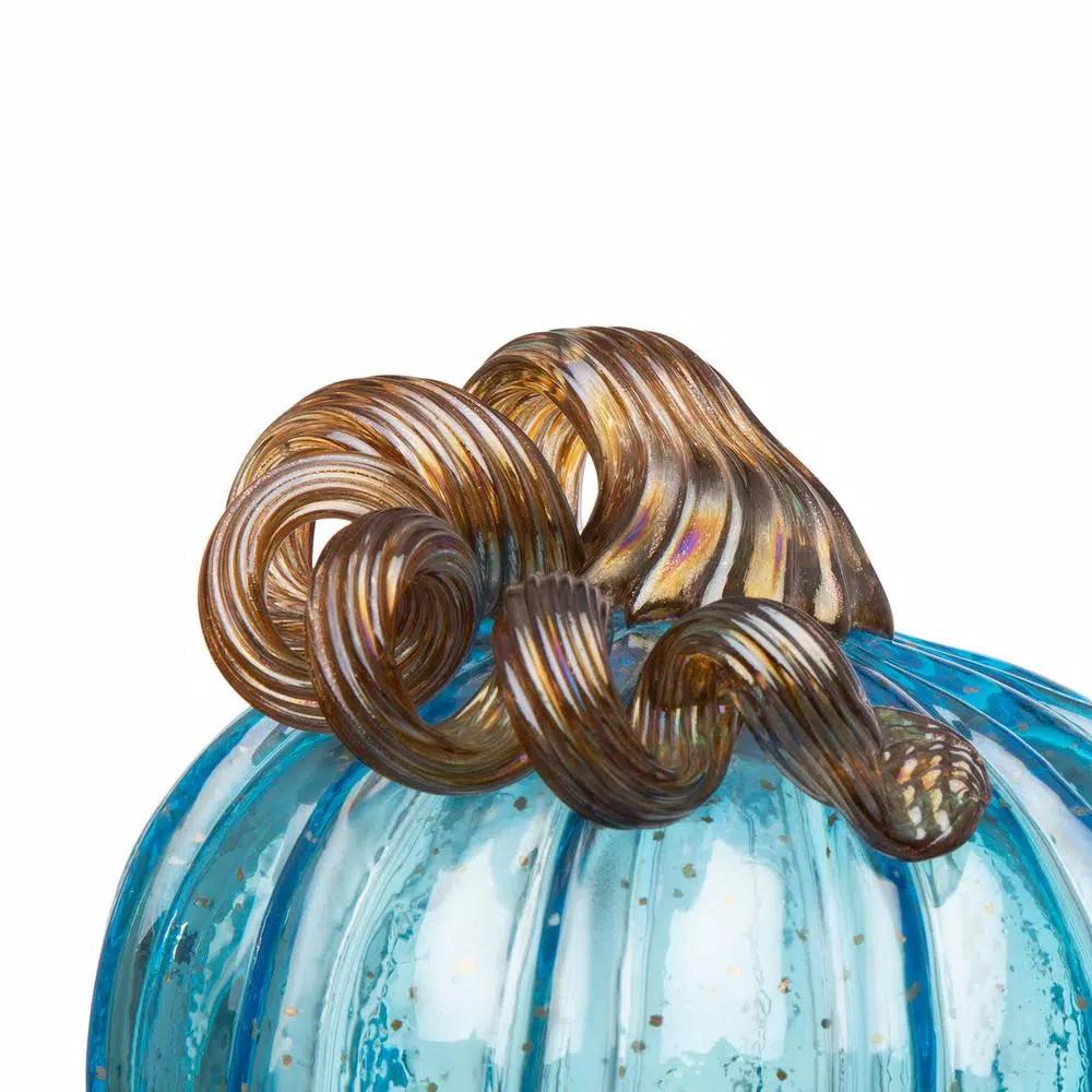 Glitzhome Set of 3 Blue Hand-Blown Glass Pumpkins - Decorative Tabletop Autumn Ornament