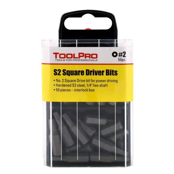 ToolPro #2 Square Drive Bits Set, 50-Piece S2 Steel Bit Tips in Interlocking Storage Box