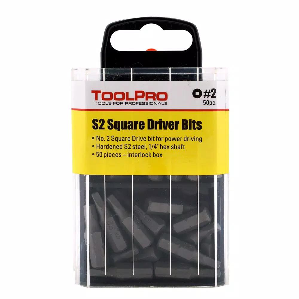 ToolPro #2 Square Drive Bits Set, 50-Piece S2 Steel Bit Tips in Interlocking Storage Box
